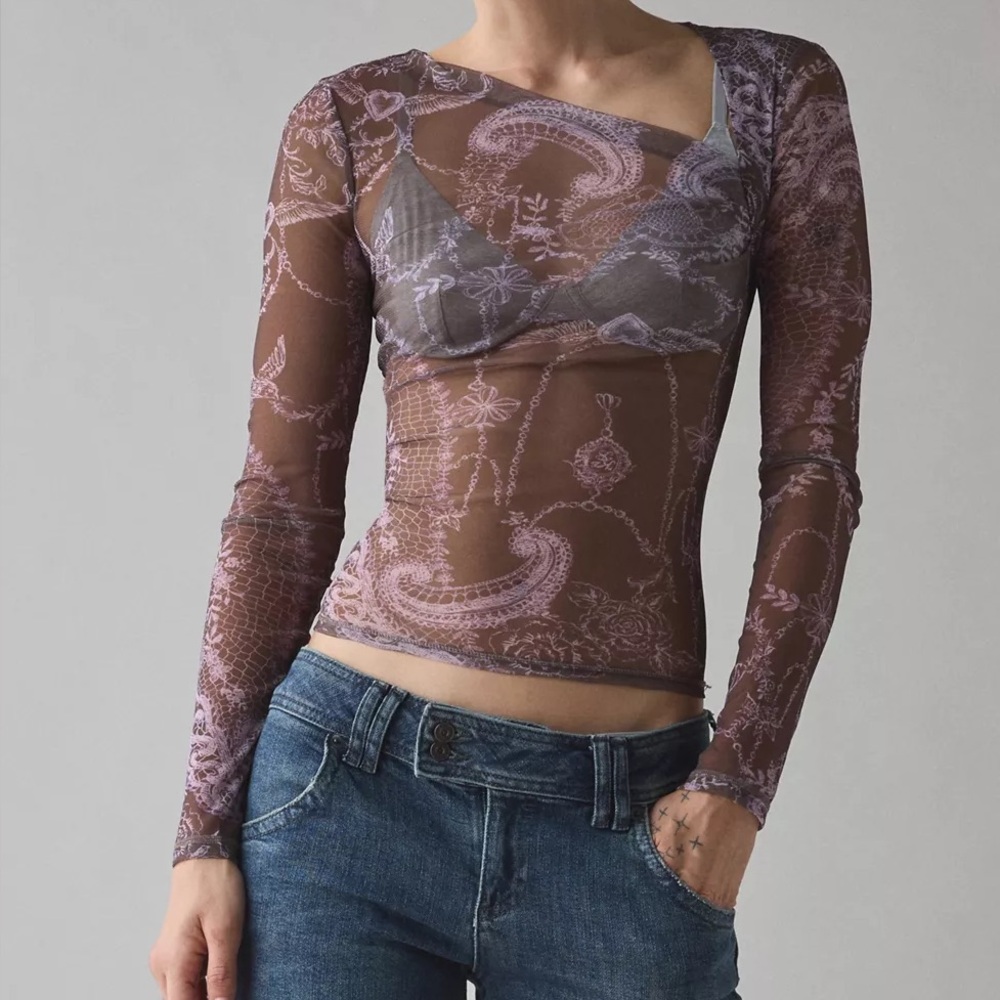 UO Kimchi Blue Love Club Asymmetric Sheer Mesh LongSleeve Top Y2K Paisley Purple